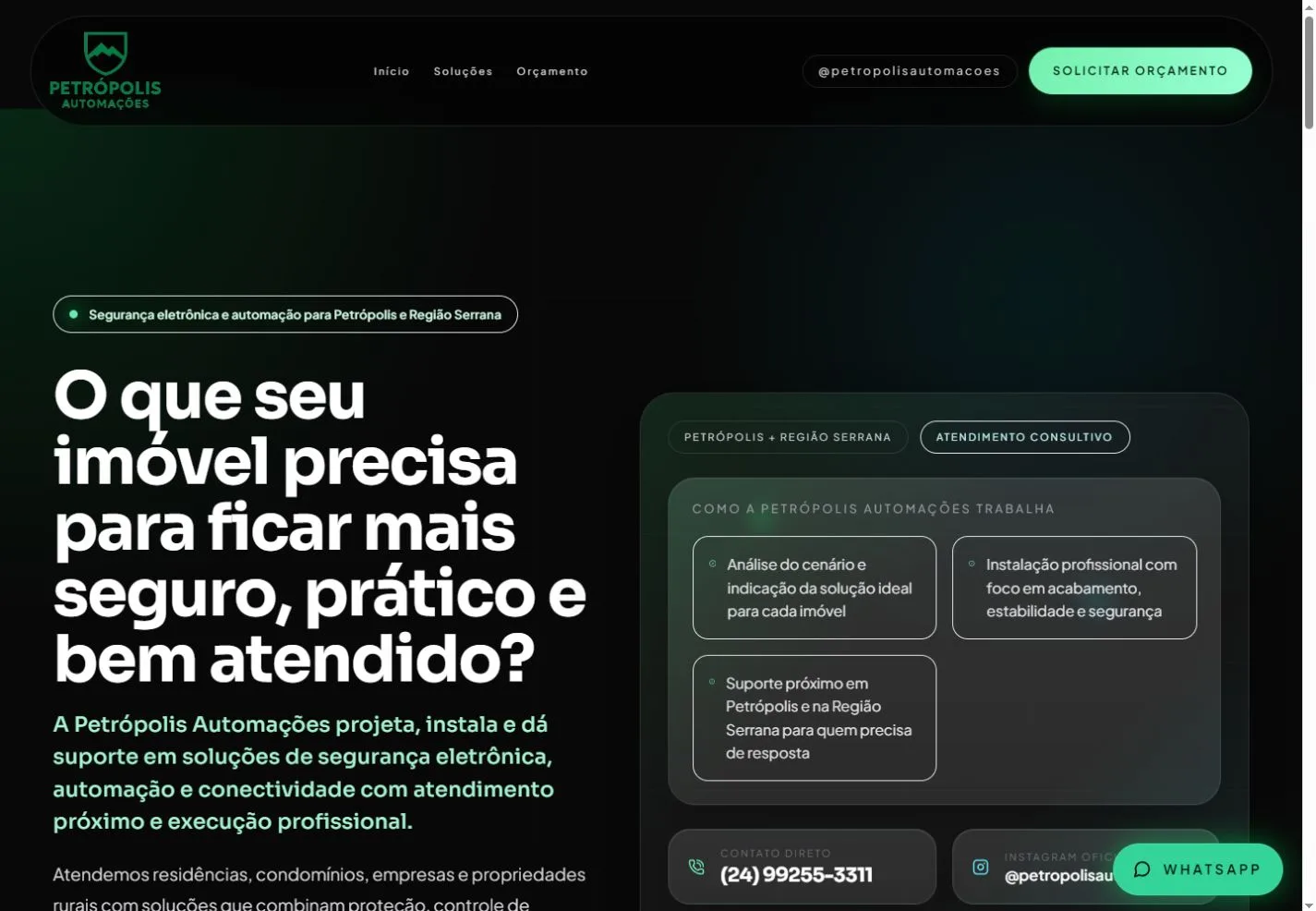 Vista previa de la página de inicio de Petrópolis Automações